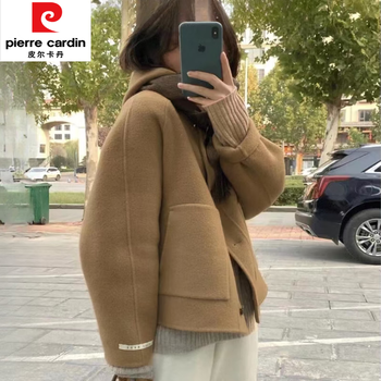 Pierre cardin short hooded double-sided cashmere coat for women autumn and winter new style small woolen woolen loose korean style top jacket camel s recommended 90-115 pounds