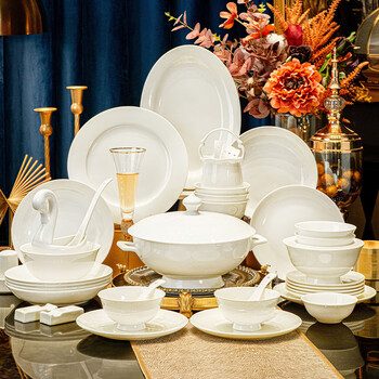 Nine cranes high-end bowl set bone china household pure white jingdezhen ceramic bowls and plates tableware high-end housewarming gift set first-class bone china | brocade box packaging | with lucky pot 70-piece set