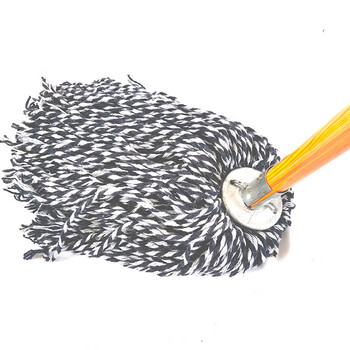 Old-fashioned cotton yarn mop floor mop reinforced lengthened wooden pole mop mop decontamination wet and dry blue and white line round head reinforced wooden pole