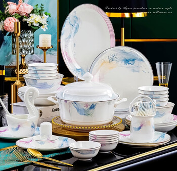 Jingyi pottery ceramic tableware set jingdezhen bowls and plates home light luxury eating bowls and chopsticks chinese bowls and dishes set home set ink memory with soup bowl 28 pieces