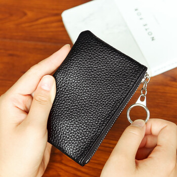 Shu guo er mini coin purse women's short zipper small wallet card holder coin purse key bag men's trouser pocket black