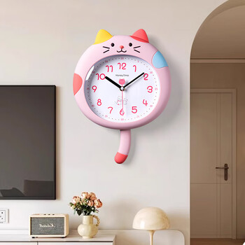 Qutong 2026 new children's room wall clock living room bedroom silent clock no punching wall cute cartoon creative clock little pink cat (silent* no punching)