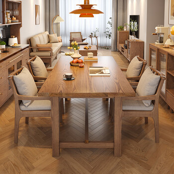 Mu luohua japanese-style solid wood dining table ash wood nordic rectangular large table dining desk integrated living room workbench 1.6 meters solid wood dining table + 4 seattle chairs