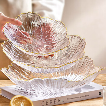 Wanjiazhen fruit plate living room glass candy plate dried fruit plate ins light luxury style dessert plate home glass fruit plate fruit box transparent gold painting | three-piece set | large + medium + small