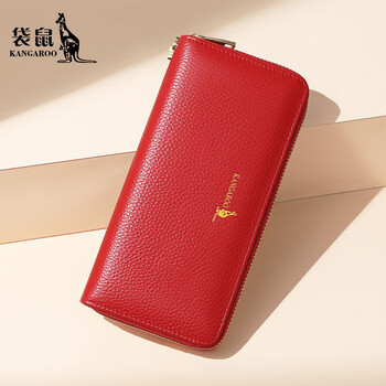 Kangaroo wallet women's long cowhide zipper clutch 2026 new women's genuine leather simple korean style women's clutch red