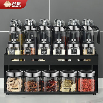 Heqing seasoning box seasoning jar kitchen wall-mountable seasoning bottle salt sugar seasoning jar oil pot seasoning utensil storage rack set wall-mountable 18-piece set - 6 bottles + 6 oil + 5 cans + shelf
