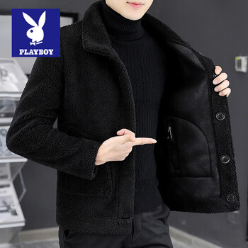 Playboy brand men's autumn and winter new fur integrated grain velvet jacket men's double-sided jacket plus velvet thickened lamb black l
