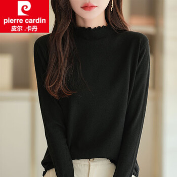 Pierre cardin fungus mid-collar bottoming shirt for women in spring, autumn and winter, loose, slim, soft and waxy half turtleneck sweater for women, black m