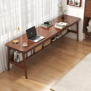 Humanity chengjia double solid wood desk home computer desk desktop office writing desk with bookshelf simple workbench long table luxury shelf model walnut color 160*50cm