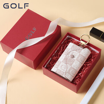 Golf (golf) key bag for women, fashionable printed card holder, multifunctional zipper coin purse, car keychain, classic smoke pink with beige color