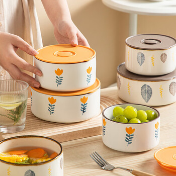 Sumeiji lunch box fresh-keeping bowl instant noodle bowl ceramic with lid microwaveable lunch box for office workers and students sealed to keep fresh leaves - small fresh-keeping bowl with lid