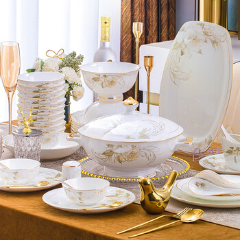 Guan pu 2025 new style bowl and dish set household simple european style phnom penh high-end bowl jingdezhen bone china tableware set plate bowl