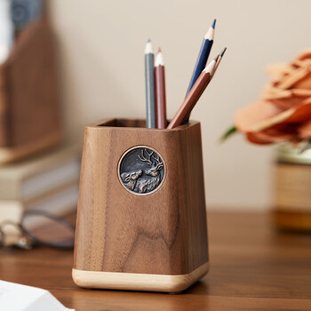 Songjing office wooden pen holder desk stationery storage box desktop simple walnut pen bucket holiday gift for children north american walnut (auspicious and happy deer)