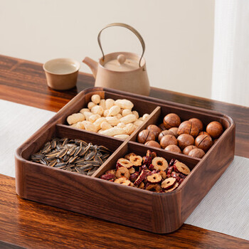 Yunya north american black walnut dried fruit box household solid wood snack box wooden storage box fruit plate desktop candy box black walnut four-grid fruit plate + glass lid