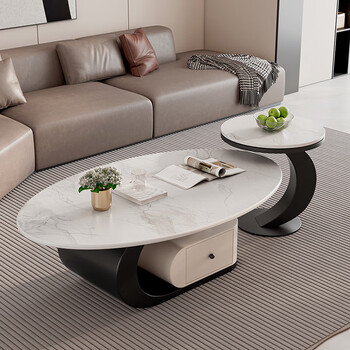 Yuelun italian light luxury microcrystalline stone slate coffee table simple and modern 2025 new home living room small apartment high-end coffee table black frame + white drawer 120+50 (swan white)