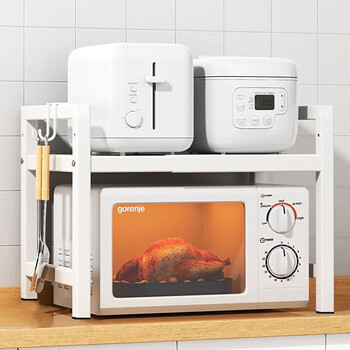 Jinxiubainian kitchen rack retractable microwave rack rack oven household rice cooker countertop storage rack bracket single layer white telescopic type +6 hooks