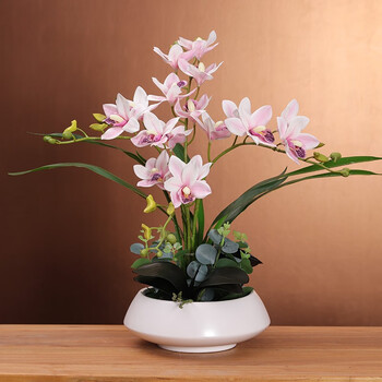High-end cymbidium artificial flowers with vase set decorations home living room tv cabinet dining table front desk decorative flowers white vase + light pink set