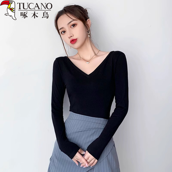 Woodpecker black v-neck bottoming shirt for women with long-sleeved t-shirt spring and autumn low-neck large neckline tight top black m