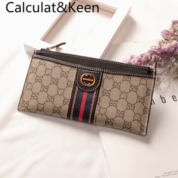 Calculat&keenck wallet women's long style 2024 new fashion thin hand zipper wallet multi-card slot leather wallet card bag integrated se apricot color