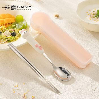 Guangyi 316 stainless steel children's cartoon chopsticks spoon portable tableware set storage box 316 cartoon portable meal county pink rabbit three-piece set