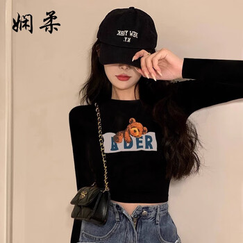 Delicate black long-sleeved t-shirt women's bottoming shirt half turtleneck high waist exposed navel short spring autumn winter inner top black big bear m