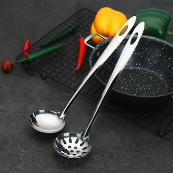 Yuexinke extra thick stainless steel soup spoon hot pot spoon colander household large soup shell soup colander long handle small colander kitchen porridge spoon soup spoon + colander