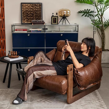 Cheche single sofa chair jersey chair living room mid-century style leather sofa chair leisure lazy chair solid wood retro recliner modern brown oil wax leather