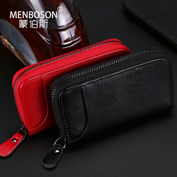 Mombos genuine cowhide key bag for women, large-capacity zipper key bag, women's cowhide pickup bag, coin purse, black with buckle, access card/car key/