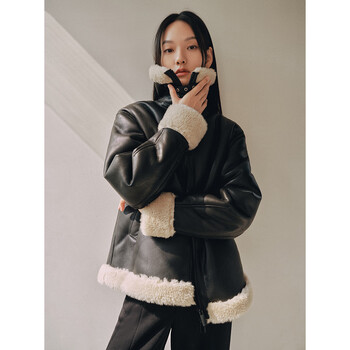 Peacebird women's short jacket maillard motorcycle jacket women's winter fashion american jacket black s