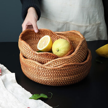 Chenbu handmade wavy edge rattan basket tray snack plate fruit plate japanese woven basket bamboo woven round fruit basket large, medium and small 3 pieces