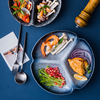 餐将军陶瓷分格盘早餐盘饺子盘减脂餐具三格盘水果盘陶瓷托盘8英寸