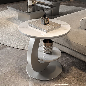 Linjie modern minimalist side table living room mobile mini coffee table round side table slate sofa next to small table high-end silver frame glossy fish belly white (50*50)