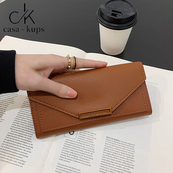 Casa-kupsck women's bag light luxury simple women's wallet long clutch bag 2025 new korean style simple buckle brown