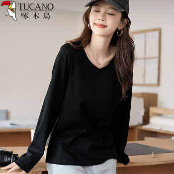 Woodpecker pure cotton v-neck bottoming shirt for women, loose shoulder, slim inner, long-sleeved t-shirt, versatile solid color top, black l