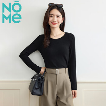 Nomenome long-sleeved t-shirt for women in early autumn new slim-fitting threaded round neck bottoming shirt versatile top black l
