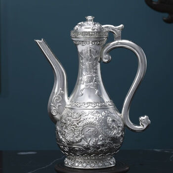 Minghuitong donglai quality tin wine pot, old-fashioned hot wine pot, retro dragon and phoenix wine set, hotel home chinese metal tray, dragon and phoenix single pot