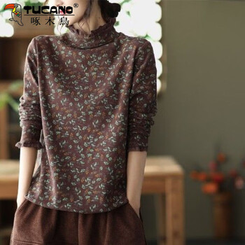Woodpecker pure cotton retro small floral high collar t-shirt for women 2025 new loose bottoming shirt spring and autumn versatile top brown m