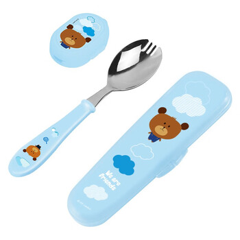 Interlocking children's tableware spoon and fork integrated baby fork and spoon 316 stainless steel fork and spoon with lid 316 resin lunch spoon blue bear + spoon lid spoon box