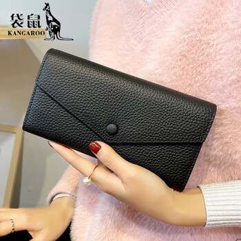 Kangaroo (kangaroo) genuine leather wallet for women, exquisite 2023 new soft cowhide long card holder, all-in-one bag, feminine, black, first-layer cowhide inside and outside, gift box