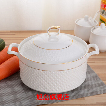 Soup basin with lid and bowl, pickled fish basin, household double-eared ceramic soup nest with lid, creative stew pot, pure white large 2200ml lingzuan pure white model