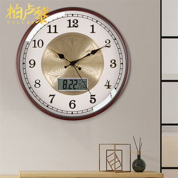 Bylure wall clock living room solid wood simple silent clock bedroom wall clock household radio perpetual calendar temperature clock calendar screen - automatic time silent radio movement 16 inches (40.5 cm in diameter)