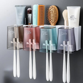 Xianguchun-free bathroom toothbrush rack tooth cup storage box set mouthwash wall-mounted suction cup wall-mounted toothpaste family of four + delivery of four tooth cups