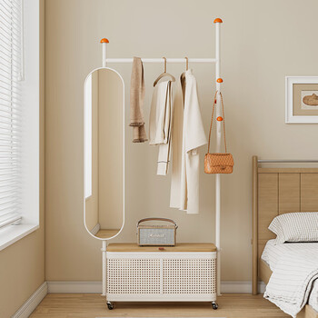 Panda spring and autumn iron art french retro cream style bedroom floor-to-ceiling living room removable clothes rack storage bedside coat rack 77 long cream color (with mirror)