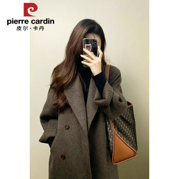 Pierre cardin maillard double-sided woolen coat for women 2025 new autumn and winter korean style woolen coat mid-length dark brown l. 125-140 catties