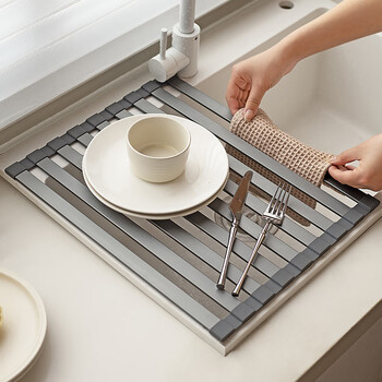Modern housewife kitchen sink drain rack dish plate storage rack washing sink pool rack foldable storage rack silicone gray short rod drain rack 18 rods