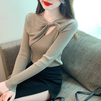 Lisaft's 2025 spring and autumn new knitted bottoming shirt for women, a stylish sweater for women, a slim coat that can be worn outside, gray green, one size fits all (recommended 85-138 pounds)