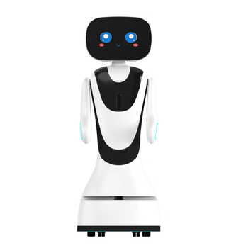 Intelligent welcome robot-shaped appearance mechanical arm dances and sings to explain and lead the way customized leopard secret white