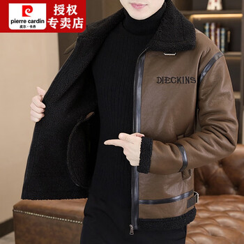 Pierre cardin winter sheep velvet fur all-in-one jacket men's korean style casual winter wear 2025 new thick warm leather jacket brown thick fleece xl 130-145 jin