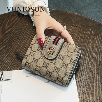 Vuniqson brand wallet for women, new women's bag, short buckle card bag, simple printed wallet, coin purse, high-end apricot color