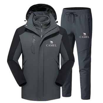 Camel jacket set for men and women three-in-one detachable velvet thickened waterproof and windproof outdoor large size mountaineering outer suit men-military gray + gray pants complete set xl men recommended 120-140 jin